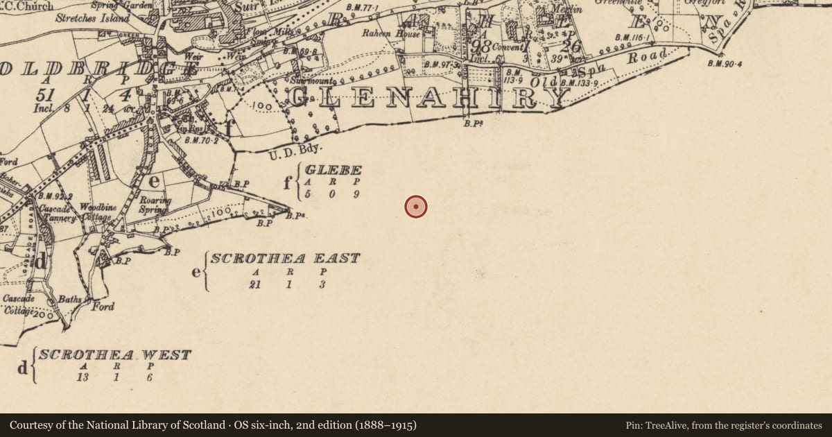 Ordnance Survey six-inch map, 2nd edition (1888–1915) covering the location of Standing stone, Knocklucas, County Waterford, with a pin at the register's coordinates