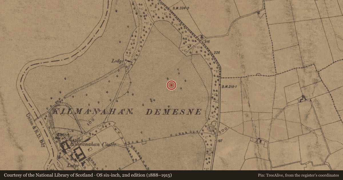 Ordnance Survey six-inch map, 2nd edition (1888–1915) covering the location of Enclosure, Kilmanahan, County Waterford, with a pin at the register's coordinates