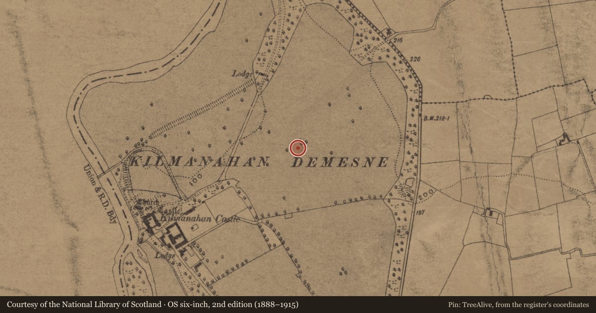 Ordnance Survey six-inch map, 2nd edition (1888–1915) covering the location of Enclosure, Kilmanahan, County Waterford, with a pin at the register's coordinates