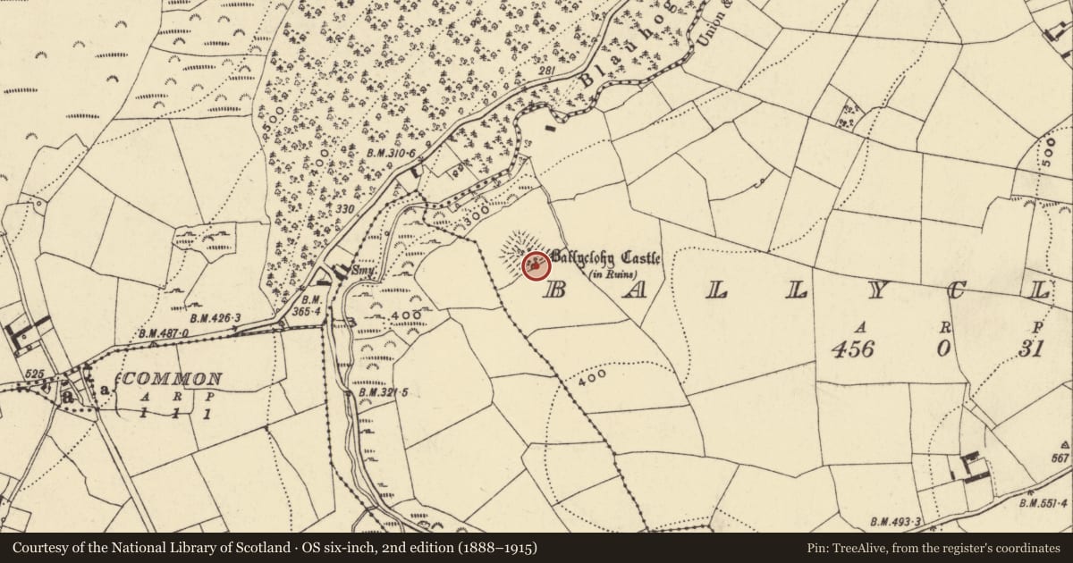 Ordnance Survey six-inch map, 2nd edition (1888–1915) covering the location of Castle - tower house, Ballyclohy, County Waterford, with a pin at the register's coordinates