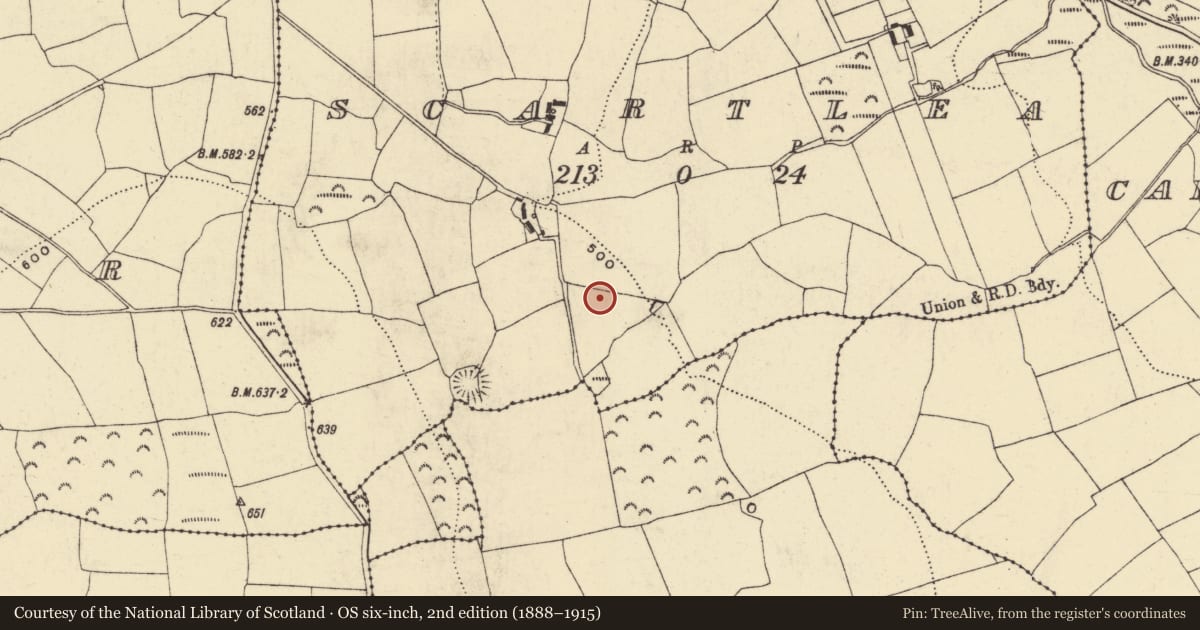 Ordnance Survey six-inch map, 2nd edition (1888–1915) covering the location of Souterrain, Scartlea, County Waterford, with a pin at the register's coordinates