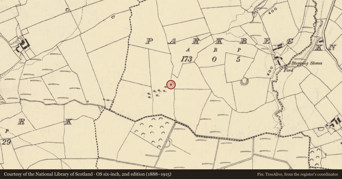 Ordnance Survey six-inch map, 2nd edition (1888–1915) covering the location of Enclosure, Parkbeg, County Waterford, with a pin at the register's coordinates