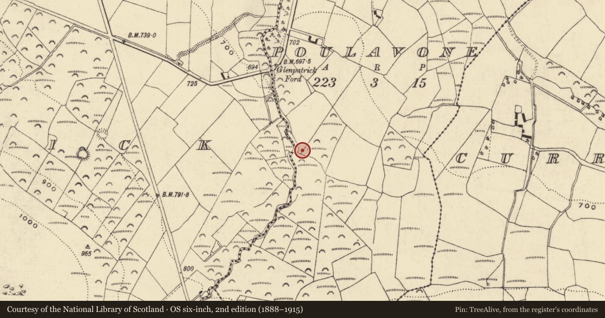 Ordnance Survey six-inch map, 2nd edition (1888–1915) covering the location of Ringfort - unclassified, Poulavone, County Waterford, with a pin at the register's coordinates