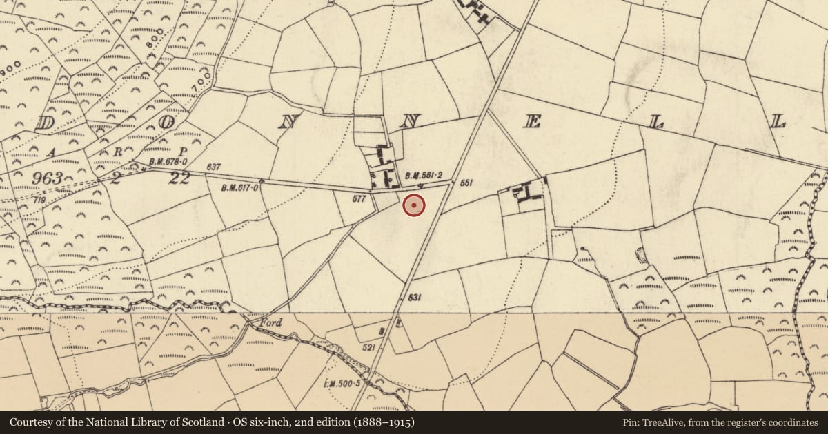 Ordnance Survey six-inch map, 2nd edition (1888–1915) covering the location of Enclosure, Clondonnell, County Waterford, with a pin at the register's coordinates