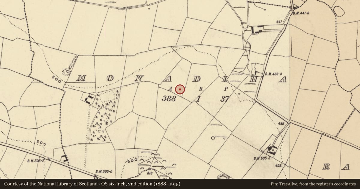 Ordnance Survey six-inch map, 2nd edition (1888–1915) covering the location of Enclosure, Monadiha, County Waterford, with a pin at the register's coordinates