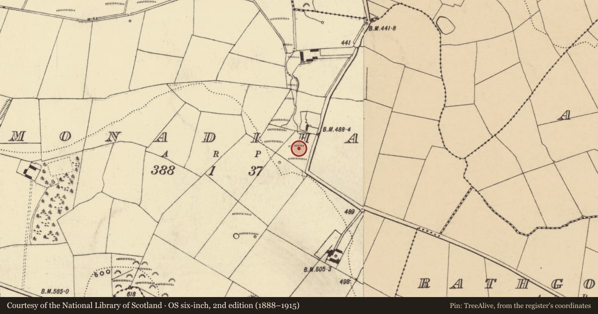 Ordnance Survey six-inch map, 2nd edition (1888–1915) covering the location of Enclosure, Monadiha, County Waterford, with a pin at the register's coordinates