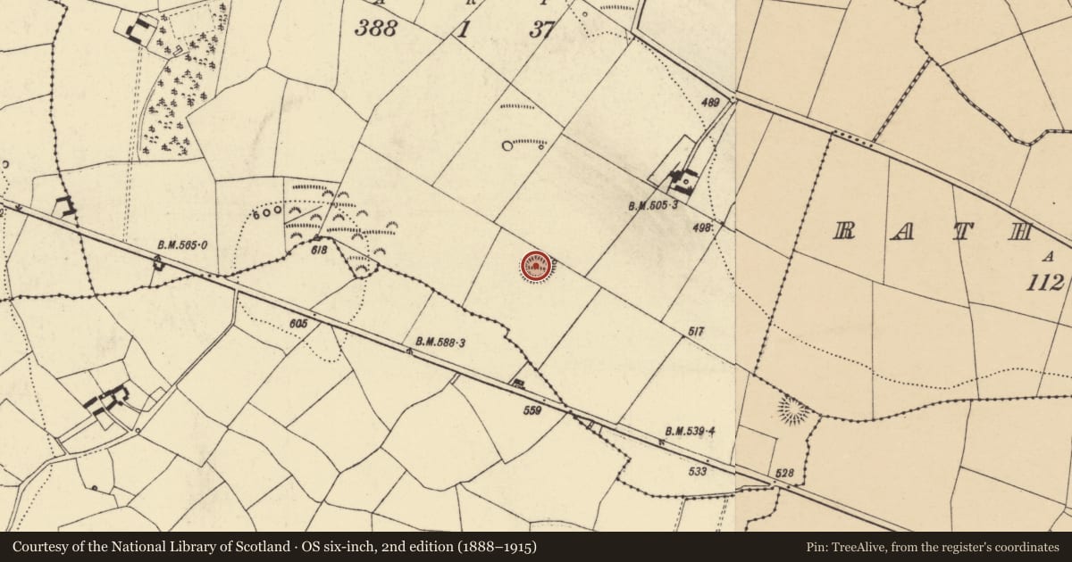 Ordnance Survey six-inch map, 2nd edition (1888–1915) covering the location of Ringfort - rath, Monadiha, County Waterford, with a pin at the register's coordinates