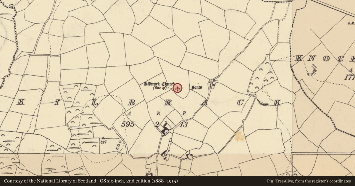 Ordnance Survey six-inch map, 2nd edition (1888–1915) covering the location of Church, Kilbrack, County Waterford, with a pin at the register's coordinates