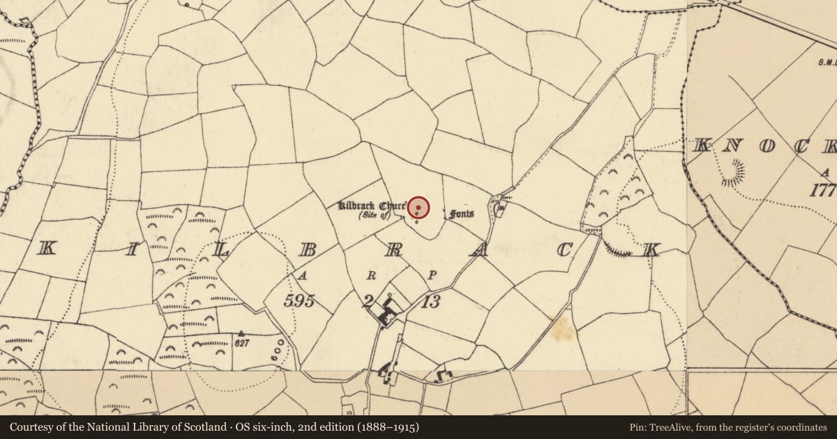 Ordnance Survey six-inch map, 2nd edition (1888–1915) covering the location of Graveyard, Kilbrack, County Waterford, with a pin at the register's coordinates