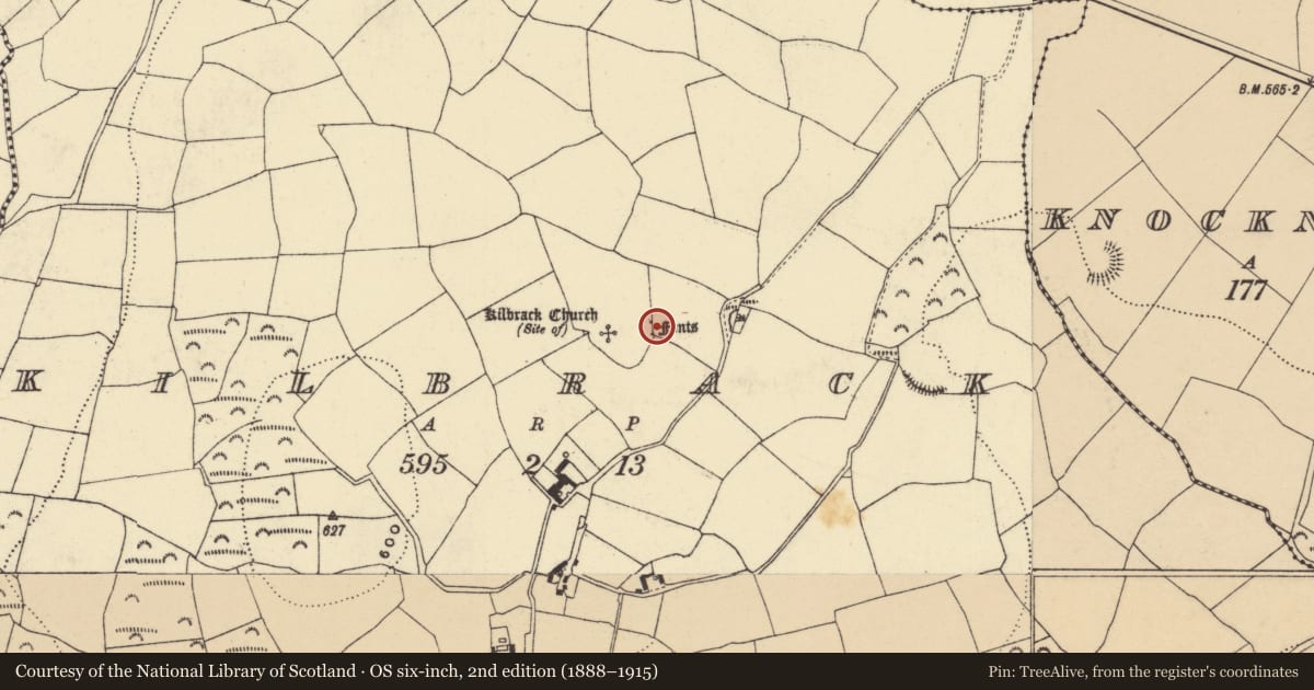 Ordnance Survey six-inch map, 2nd edition (1888–1915) covering the location of Bullaun stone, Kilbrack, County Waterford, with a pin at the register's coordinates