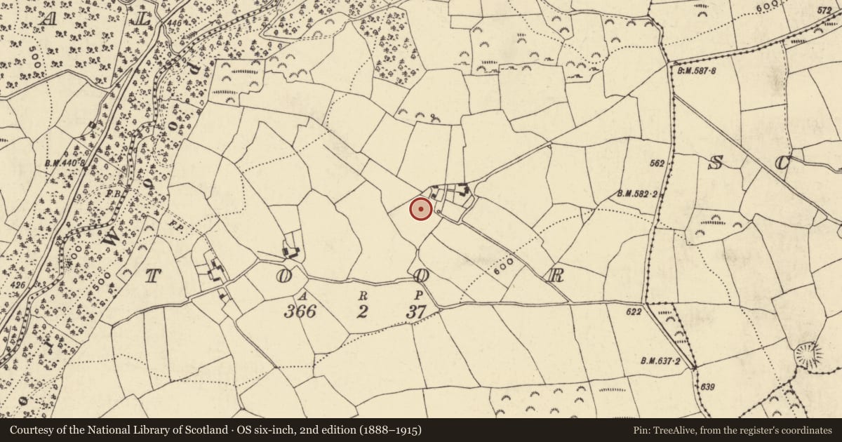 Ordnance Survey six-inch map, 2nd edition (1888–1915) covering the location of Burnt mound, Toor, County Waterford, with a pin at the register's coordinates