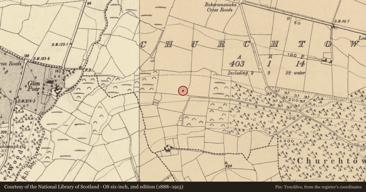 Ordnance Survey six-inch map, 2nd edition (1888–1915) covering the location of Enclosure, Churchtown, County Waterford, with a pin at the register's coordinates