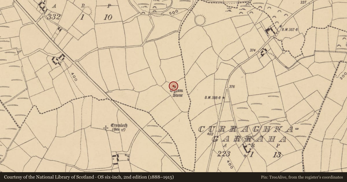 Ordnance Survey six-inch map, 2nd edition (1888–1915) covering the location of Ogham stone, Crehanagh South, County Waterford, with a pin at the register's coordinates