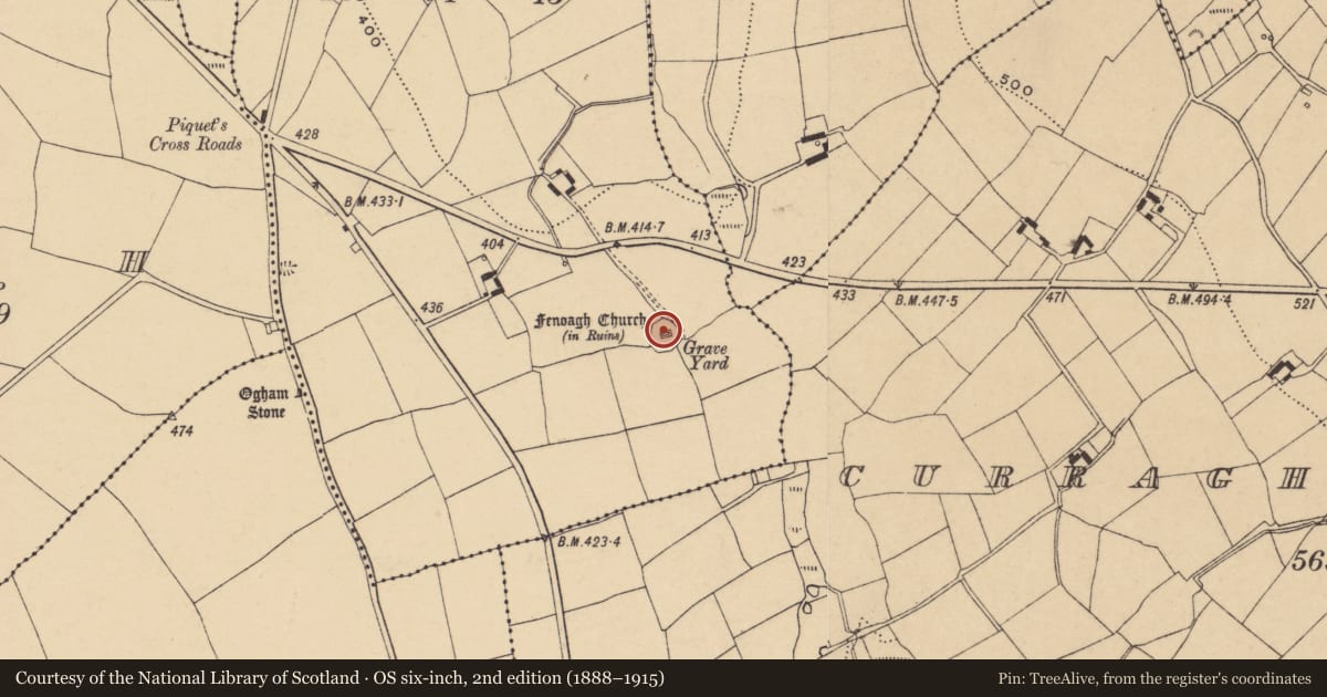 Ordnance Survey six-inch map, 2nd edition (1888–1915) covering the location of Graveyard, Curraghnagarraha, County Waterford, with a pin at the register's coordinates