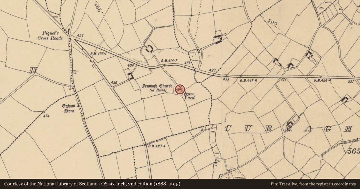 Ordnance Survey six-inch map, 2nd edition (1888–1915) covering the location of Headstone, Curraghnagarraha, County Waterford, with a pin at the register's coordinates