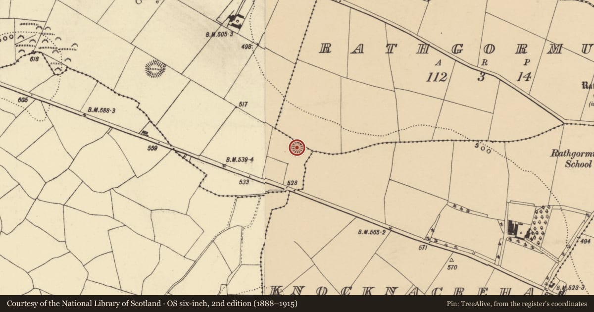 Ordnance Survey six-inch map, 2nd edition (1888–1915) covering the location of Ringfort - rath, Monadiha, Rathgormuck, County Waterford, with a pin at the register's coordinates