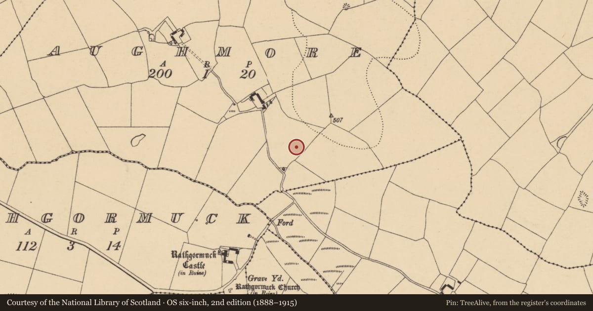 Ordnance Survey six-inch map, 2nd edition (1888–1915) covering the location of Earthwork, Aughmore, County Waterford, with a pin at the register's coordinates