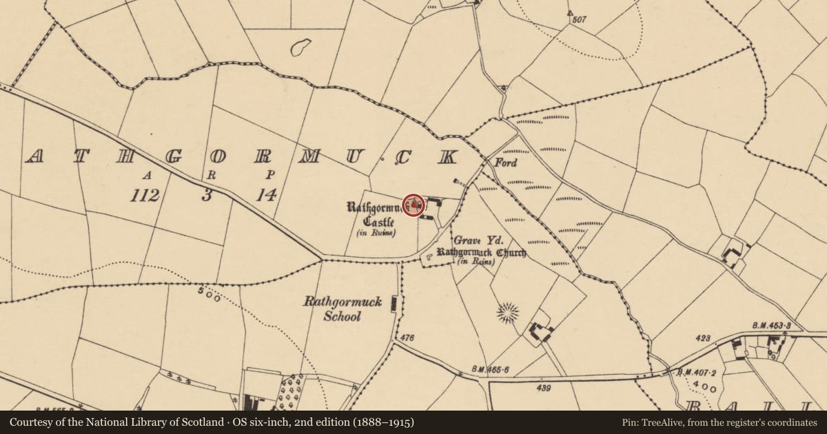 Ordnance Survey six-inch map, 2nd edition (1888–1915) covering the location of Castle - tower house, Rathgormuck, County Waterford, with a pin at the register's coordinates