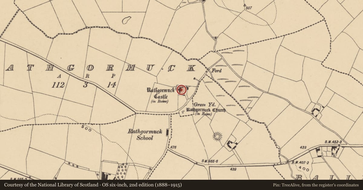 Ordnance Survey six-inch map, 2nd edition (1888–1915) covering the location of Bawn, Rathgormuck, County Waterford, with a pin at the register's coordinates