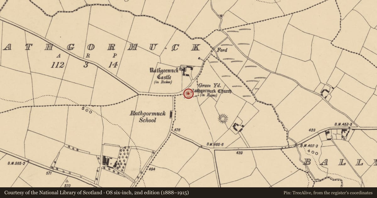 Ordnance Survey six-inch map, 2nd edition (1888–1915) covering the location of Church, Rathgormuck, County Waterford, with a pin at the register's coordinates