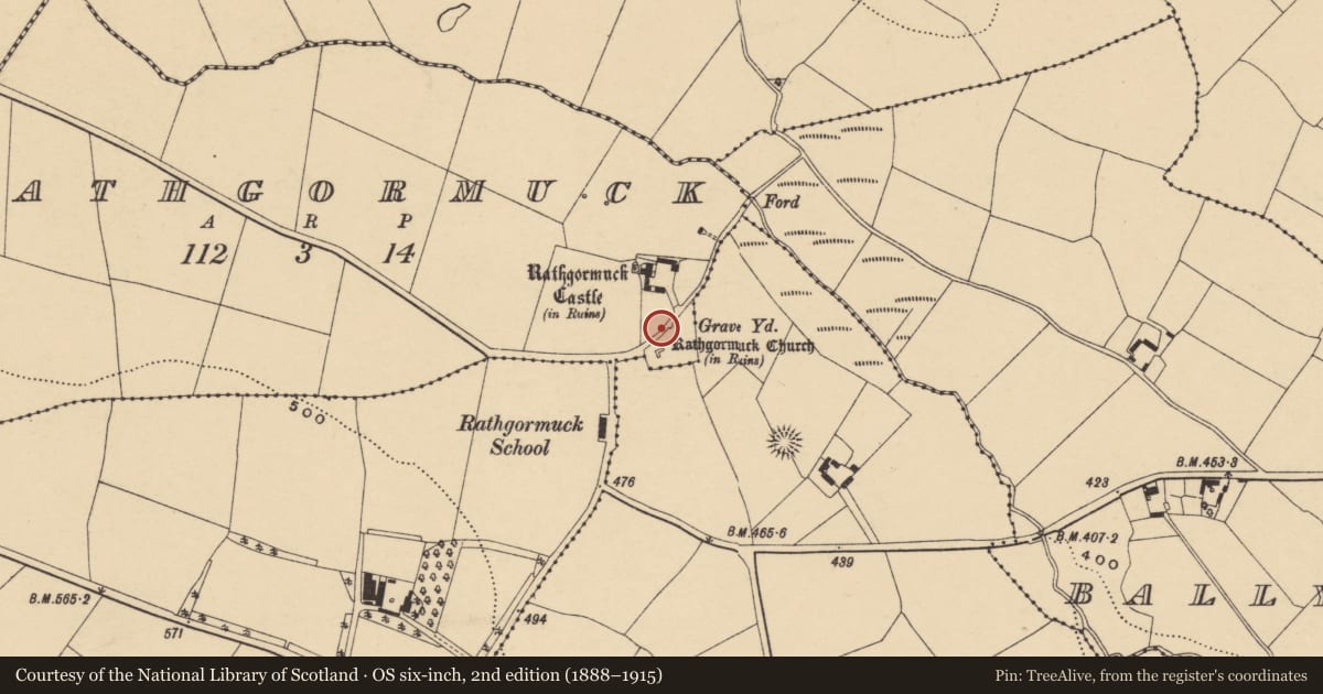 Ordnance Survey six-inch map, 2nd edition (1888–1915) covering the location of Bullaun stone, Rathgormuck, County Waterford, with a pin at the register's coordinates