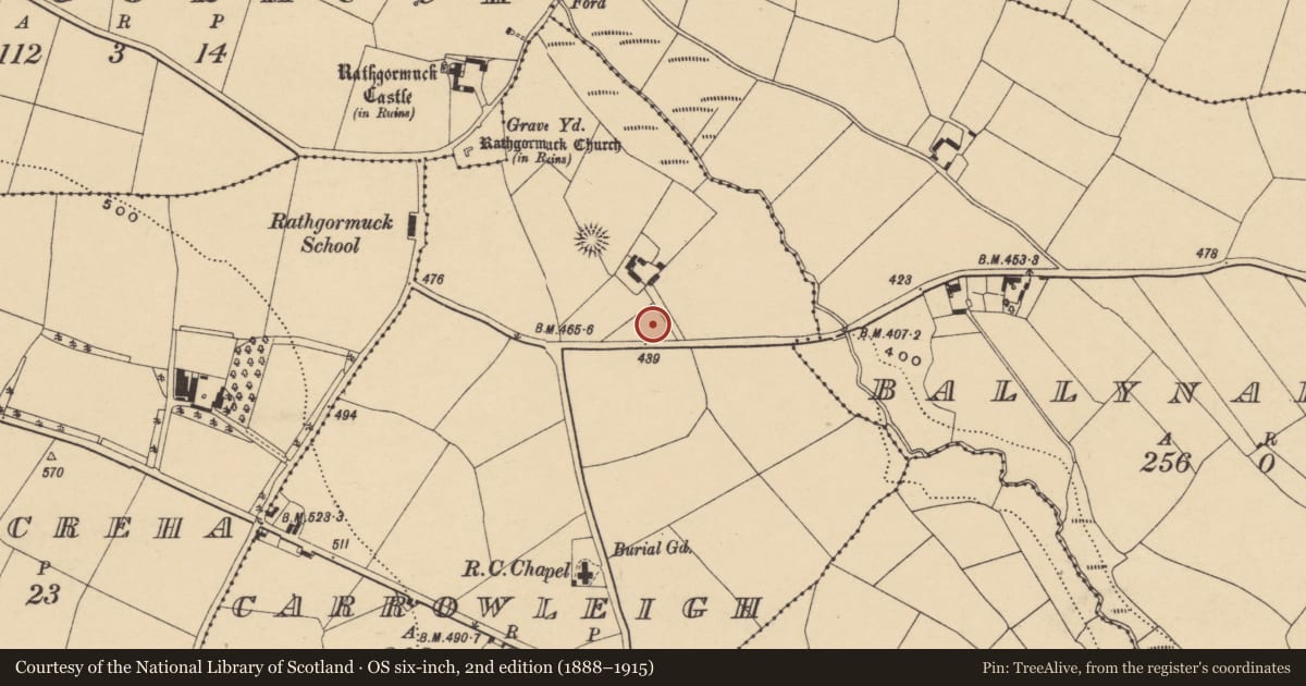 Ordnance Survey six-inch map, 2nd edition (1888–1915) covering the location of Ringfort - unclassified, Carrowleigh, County Waterford, with a pin at the register's coordinates