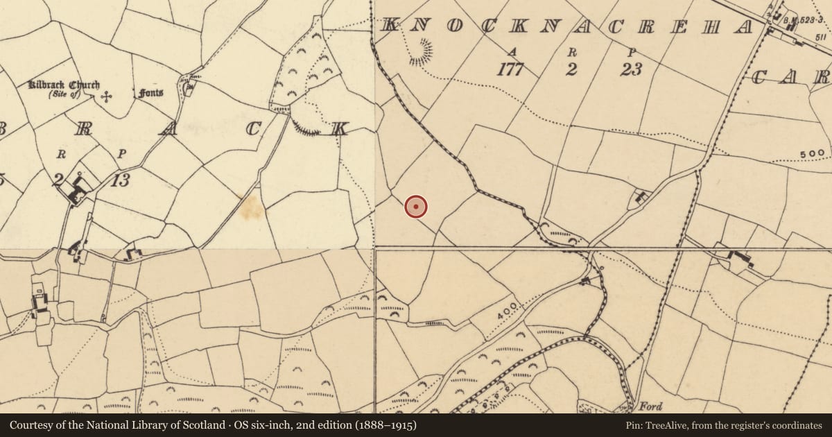 Ordnance Survey six-inch map, 2nd edition (1888–1915) covering the location of Earthwork, Kilbrack, County Waterford, with a pin at the register's coordinates