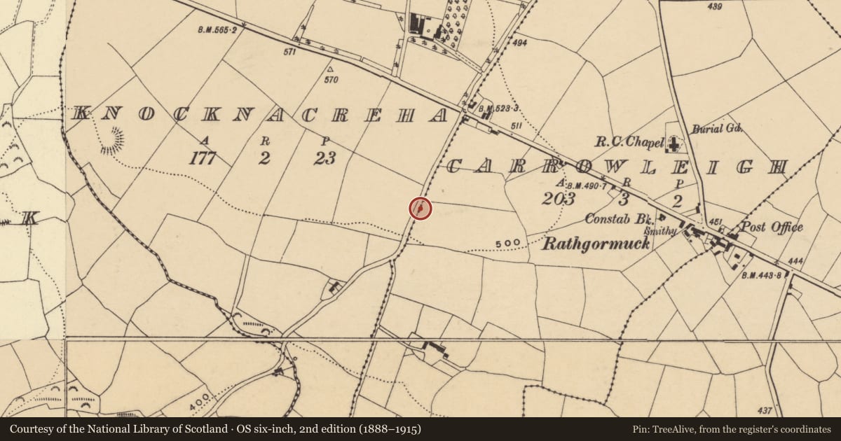 Ordnance Survey six-inch map, 2nd edition (1888–1915) covering the location of Boundary stone, Knocknacreha, County Waterford, with a pin at the register's coordinates
