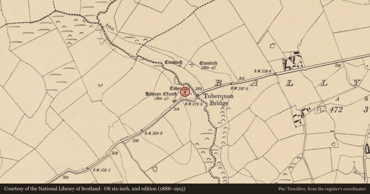 Ordnance Survey six-inch map, 2nd edition (1888–1915) covering the location of Church, Ballynevin, County Waterford, with a pin at the register's coordinates