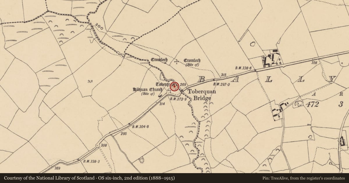 Ordnance Survey six-inch map, 2nd edition (1888–1915) covering the location of Earthwork, Ballynevin, County Waterford, with a pin at the register's coordinates