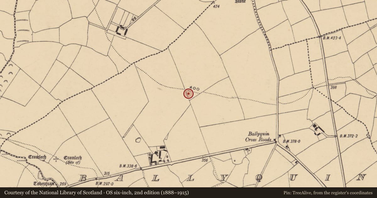 Ordnance Survey six-inch map, 2nd edition (1888–1915) covering the location of Ringfort - unclassified, Ballyquin, County Waterford, with a pin at the register's coordinates