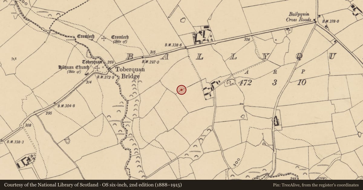 Ordnance Survey six-inch map, 2nd edition (1888–1915) covering the location of Ringfort - unclassified, Ballyquin, County Waterford, with a pin at the register's coordinates