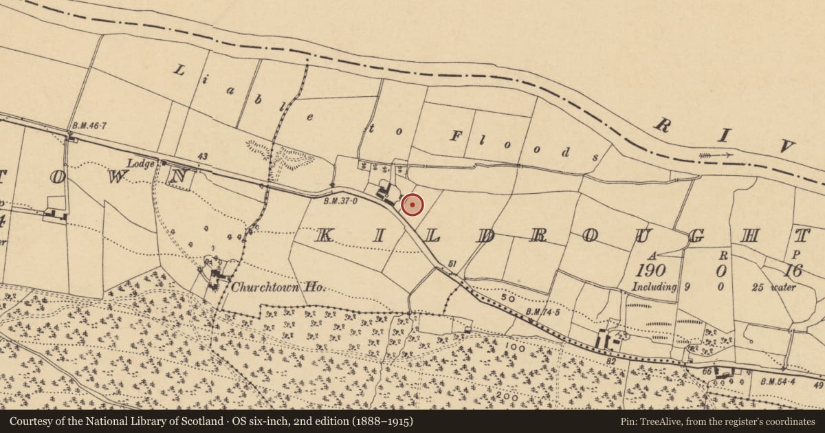 Ordnance Survey six-inch map, 2nd edition (1888–1915) covering the location of Church, Kildroughtaun, County Waterford, with a pin at the register's coordinates