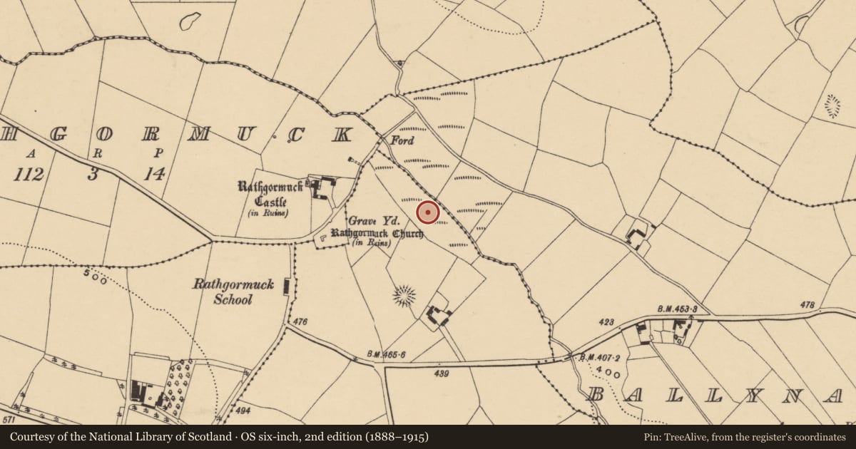 Ordnance Survey six-inch map, 2nd edition (1888–1915) covering the location of Burnt mound, Carrowleigh, County Waterford, with a pin at the register's coordinates