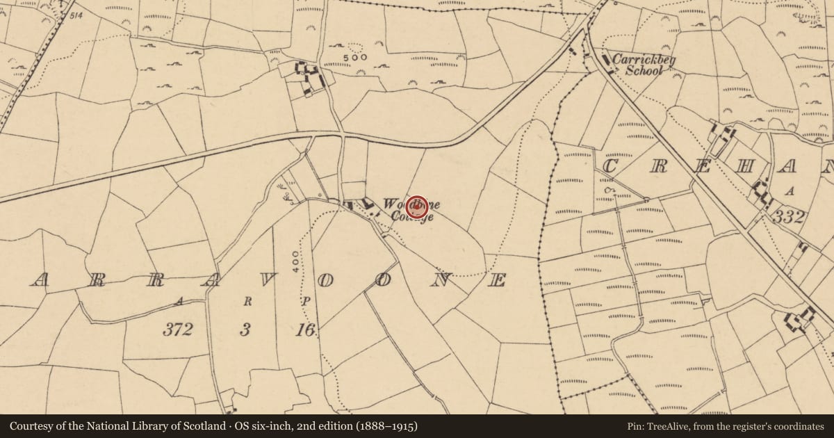 Ordnance Survey six-inch map, 2nd edition (1888–1915) covering the location of Souterrain, Garravoone, County Waterford, with a pin at the register's coordinates