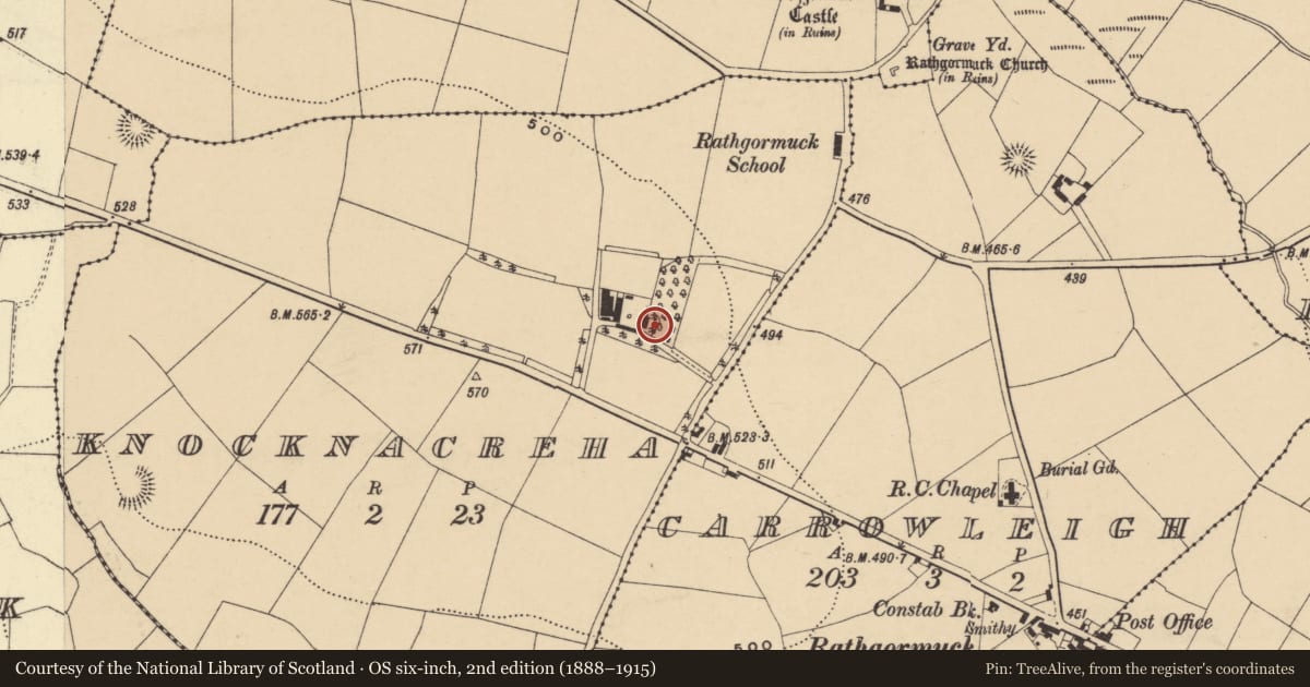 Ordnance Survey six-inch map, 2nd edition (1888–1915) covering the location of Bullaun stone (present location), Knocknacreha, County Waterford, with a pin at the register's coordinates