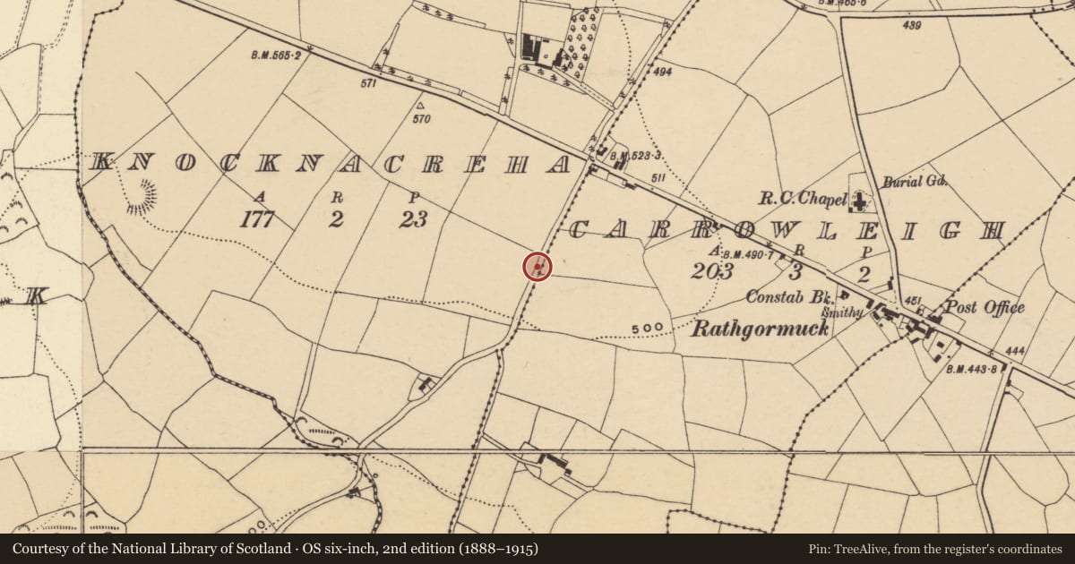 Ordnance Survey six-inch map, 2nd edition (1888–1915) covering the location of Boundary stone (present location), Knocknacreha, County Waterford, with a pin at the register's coordinates
