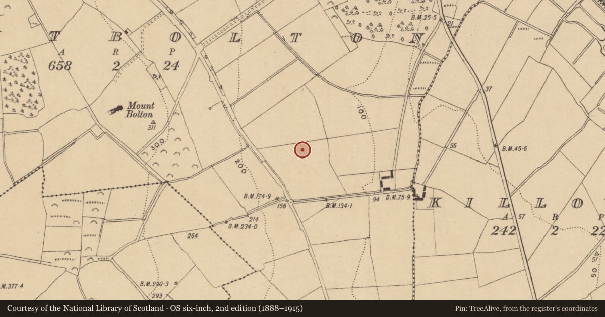 Ordnance Survey six-inch map, 2nd edition (1888–1915) covering the location of Burnt mound, Mountbolton, County Waterford, with a pin at the register's coordinates