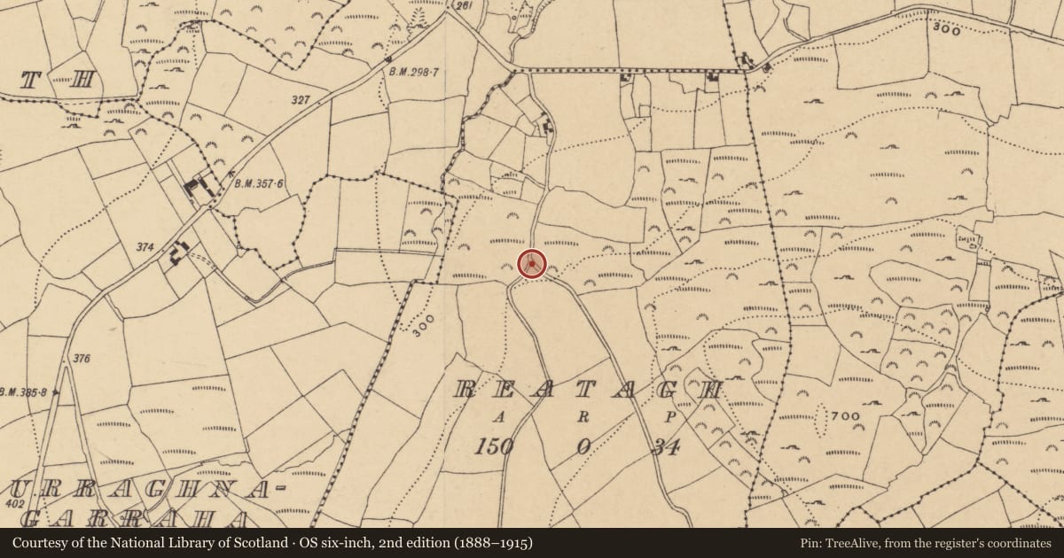 Ordnance Survey six-inch map, 2nd edition (1888–1915) covering the location of Bullaun stone, Reatagh, County Waterford, with a pin at the register's coordinates
