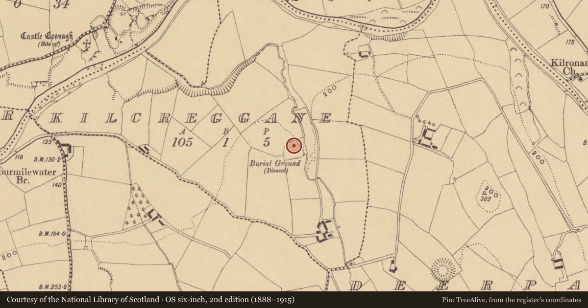 Ordnance Survey six-inch map, 2nd edition (1888–1915) covering the location of Burial ground, Kilcreggane, County Waterford, with a pin at the register's coordinates