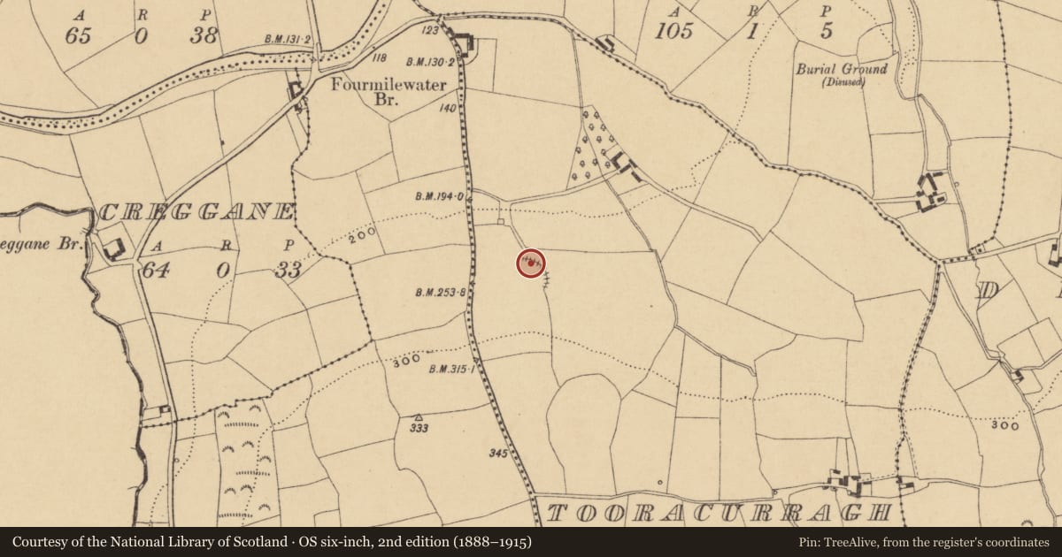 Ordnance Survey six-inch map, 2nd edition (1888–1915) covering the location of Enclosure, Tooracurragh, County Waterford, with a pin at the register's coordinates