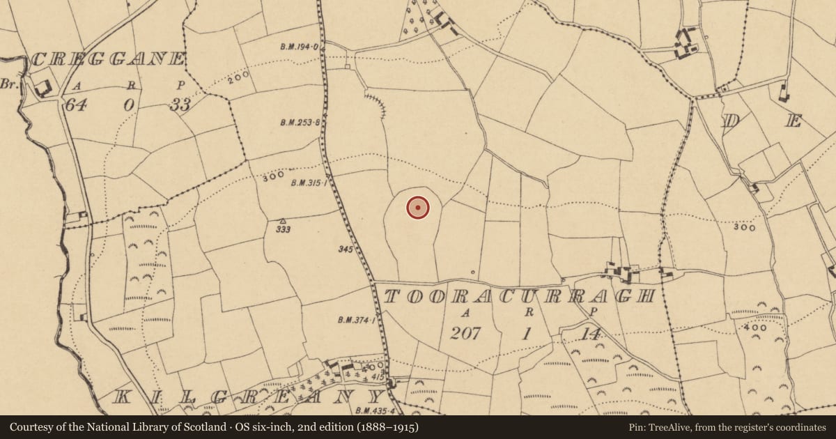 Ordnance Survey six-inch map, 2nd edition (1888–1915) covering the location of Church, Tooracurragh, County Waterford, with a pin at the register's coordinates