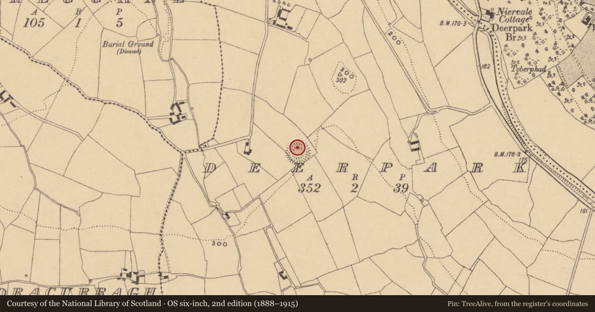 Ordnance Survey six-inch map, 2nd edition (1888–1915) covering the location of Ringfort - rath, Deerpark, County Waterford, with a pin at the register's coordinates