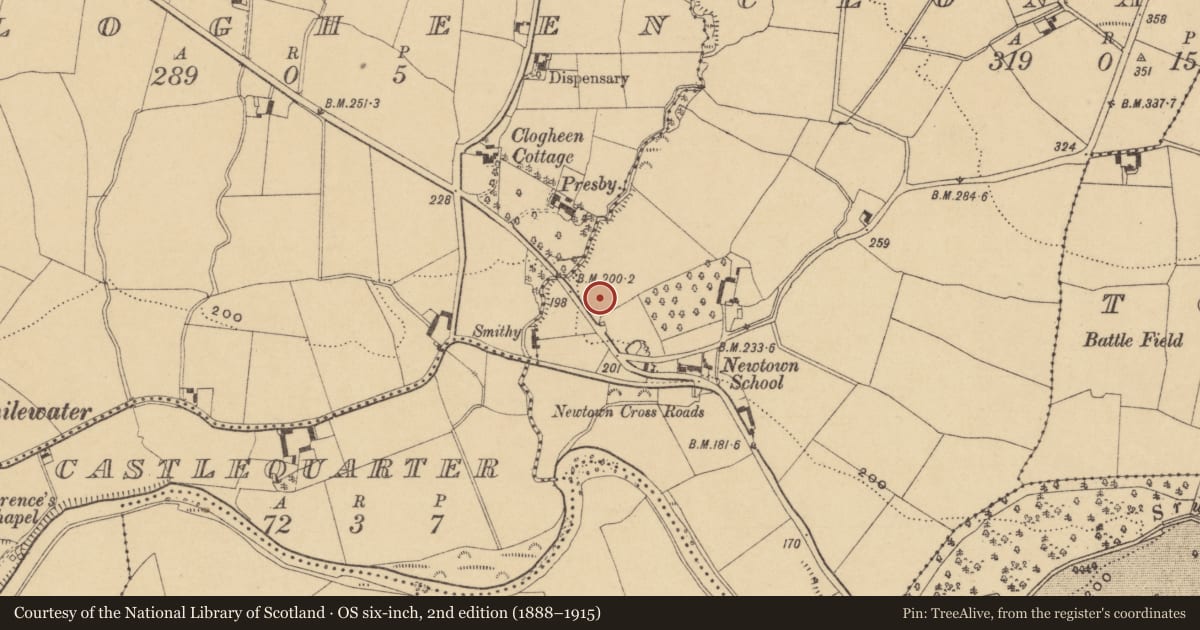 Ordnance Survey six-inch map, 2nd edition (1888–1915) covering the location of Enclosure, Clonanav, County Waterford, with a pin at the register's coordinates