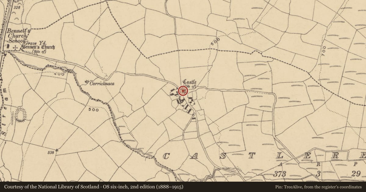 Ordnance Survey six-inch map, 2nd edition (1888–1915) covering the location of House - 17th century, Castlereagh, County Waterford, with a pin at the register's coordinates
