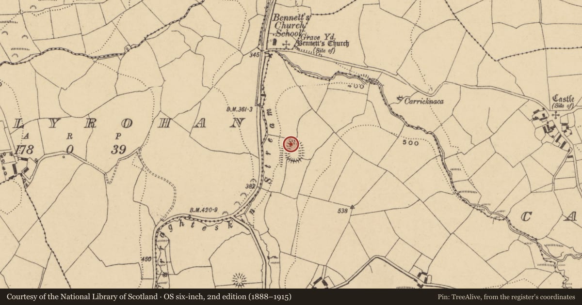 Ordnance Survey six-inch map, 2nd edition (1888–1915) covering the location of Ringfort - rath, Curraghateskin, County Waterford, with a pin at the register's coordinates