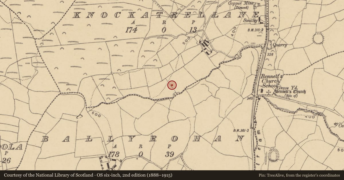 Ordnance Survey six-inch map, 2nd edition (1888–1915) covering the location of Fulacht fia, Knockatrellane, County Waterford, with a pin at the register's coordinates