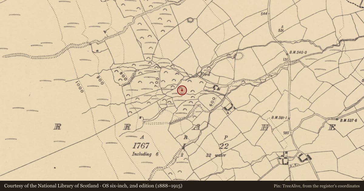 Ordnance Survey six-inch map, 2nd edition (1888–1915) covering the location of Earthwork, Curraheen, County Waterford, with a pin at the register's coordinates