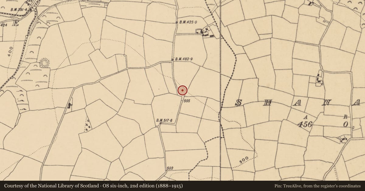 Ordnance Survey six-inch map, 2nd edition (1888–1915) covering the location of Enclosure, Graigavalla, County Waterford, with a pin at the register's coordinates