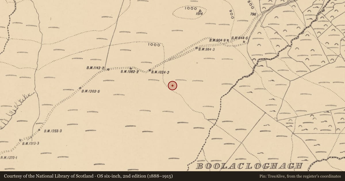 Ordnance Survey six-inch map, 2nd edition (1888–1915) covering the location of Cairn - ring-cairn, Graigavalla, County Waterford, with a pin at the register's coordinates